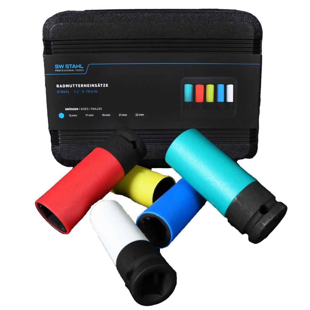 Set de 5 chei de impact pentru roți din aluminiu SW-Stahl SW07865L, antrenor pătrat de 1/2 inch, dimensiuni chei între 15-22 mm, fabricat din crom-molibden, cu exterior din plastic