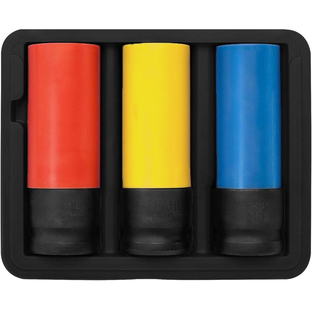 Set de 3 chei de impact SW-Stahl pentru roți de aluminiu, pătrat de 1/2 inch, dimensiuni 17-21 mm, din crom-molibden, învelite în plastic