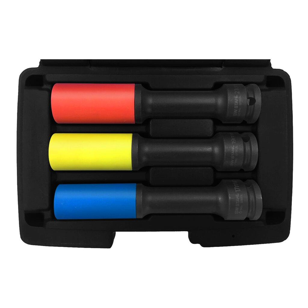 Set de 3 chei de impact pentru roți de aluminiu SW-Stahl SW07880L, antrenor pătrat 1/2 inch, dimensiuni 17-21 mm, crom-molibden, carcasă exterioară din plastic
