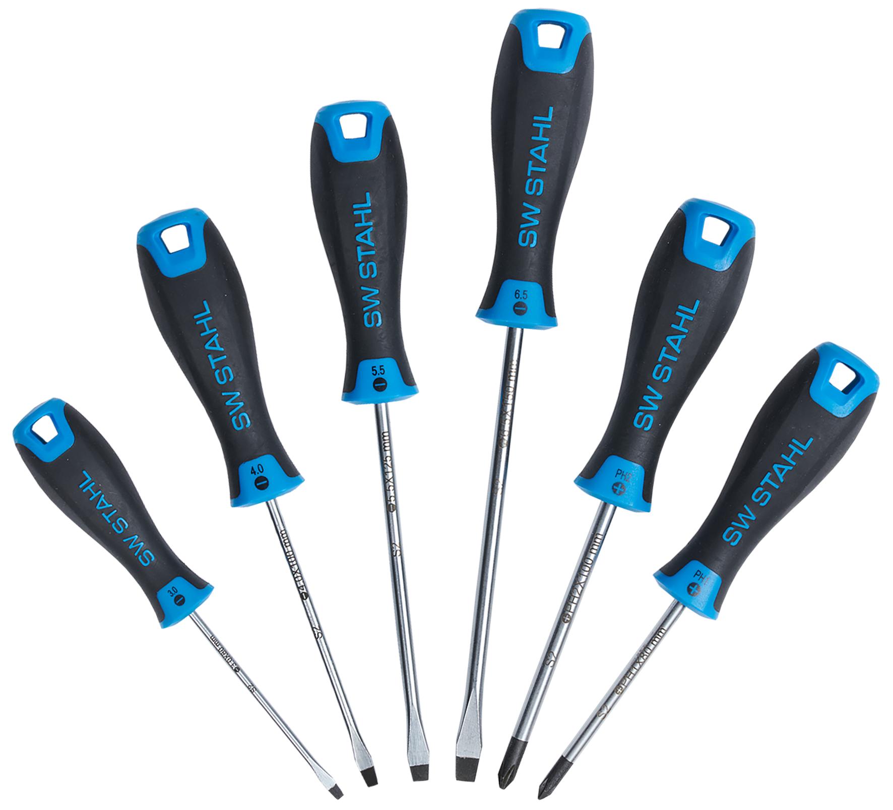 Set de 6 Șurubelnițe SW-Stahl SW32810L, Profil Drept și Philips, Mâner Bicomponent Anti-Alunecare, Tijă din Oțel S2