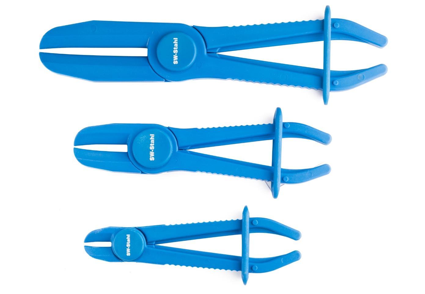 Set de 3 clești tip clemă pentru furtun SW-Stahl SW61705L, din plastic, lungimi de 150 mm, 180 mm și 250 mm, diametre maxime de prindere 15 mm, 30 mm și 60 mm