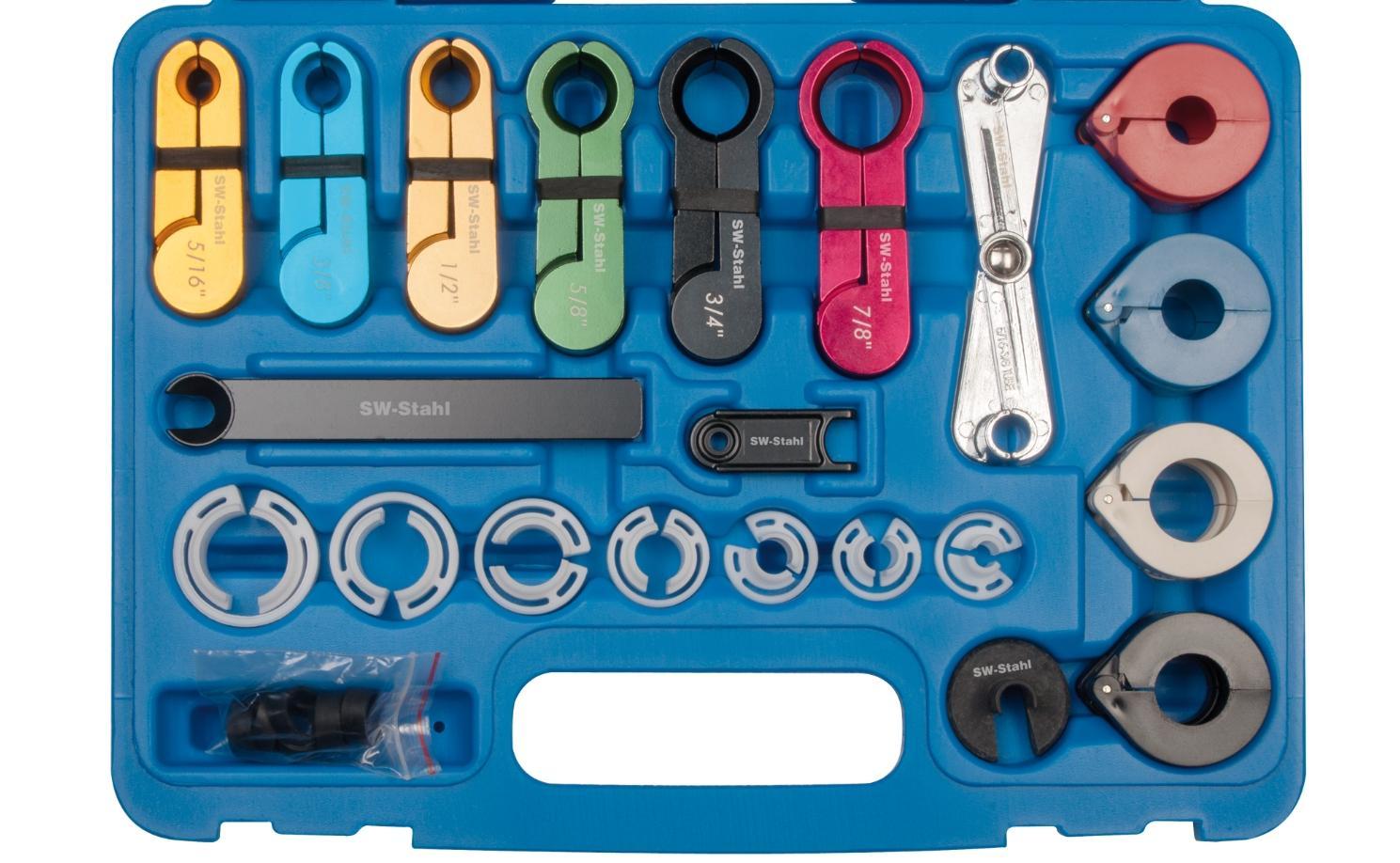 Set de 22 scule SW-Stahl SW61717L pentru deblocarea conductelor de climatizare și combustibil, diametre: 5/16, 3/8, 1/2, 5/8, 3/4, 7/8 inch, cu cutie de depozitare