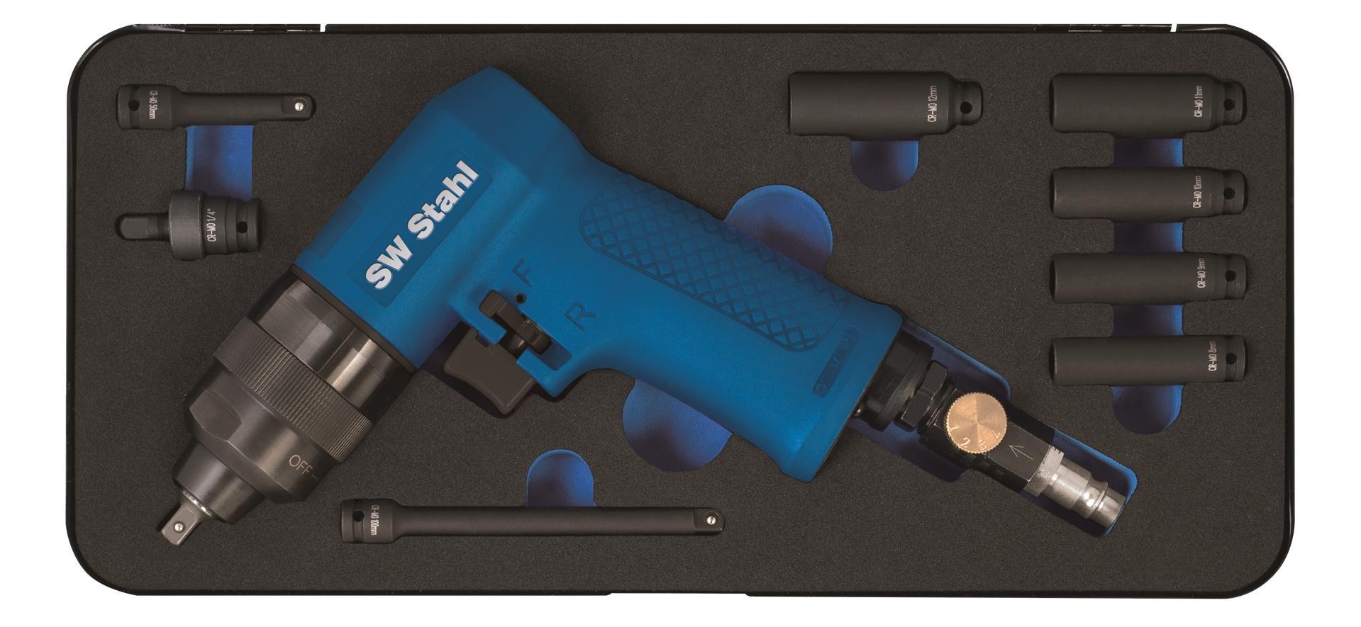 Set de 9 unelte pneumatice pentru demontarea bujiilor incandescente SW-Stahl SWS3224, cu cuplu maxim de 40 Nm și presiune de funcționare între 6-8 bar
