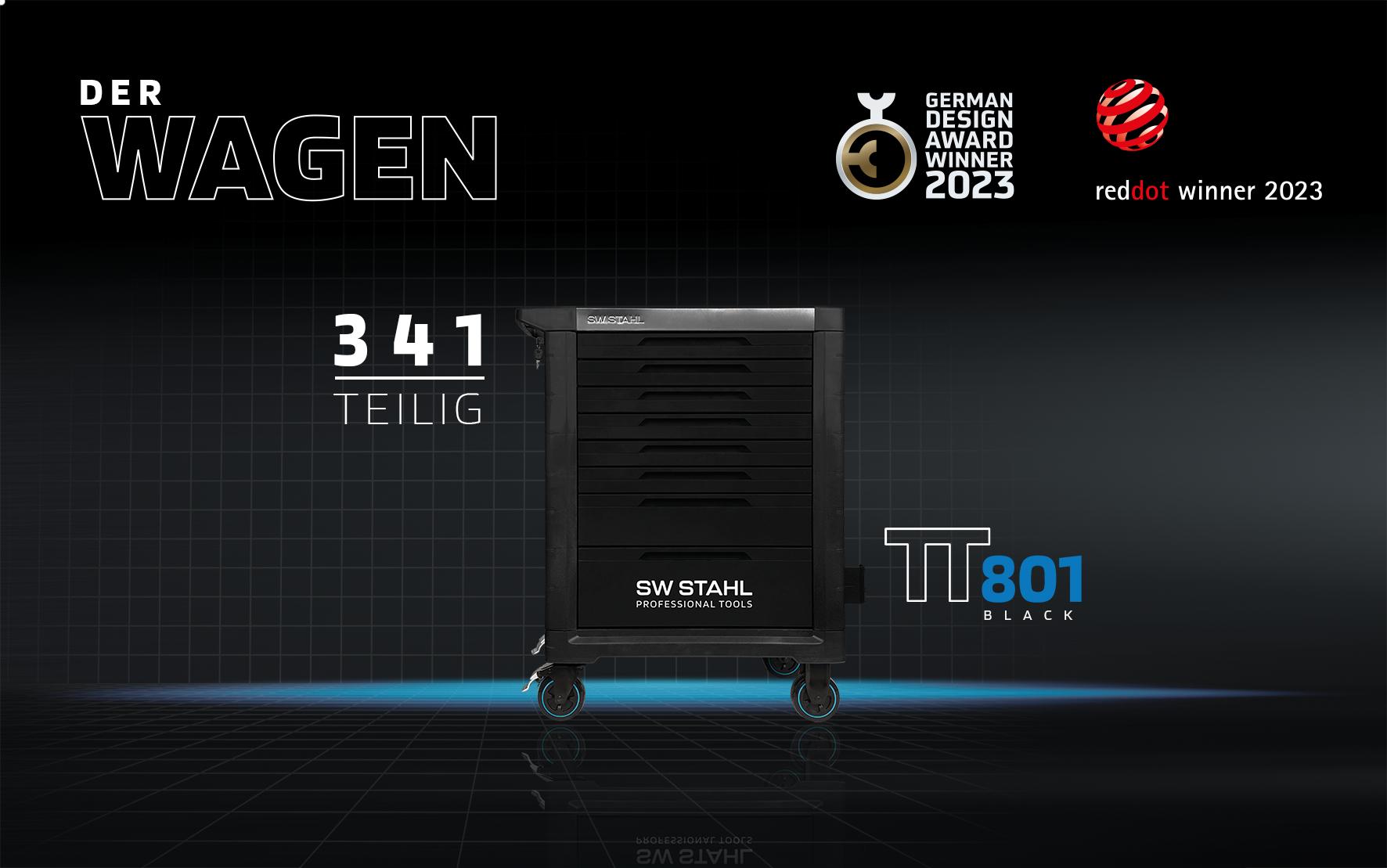 Cărucior de Atelier Profesional TT801, Negru, Complet Echipat cu 341 Piese și 5 Tăvi