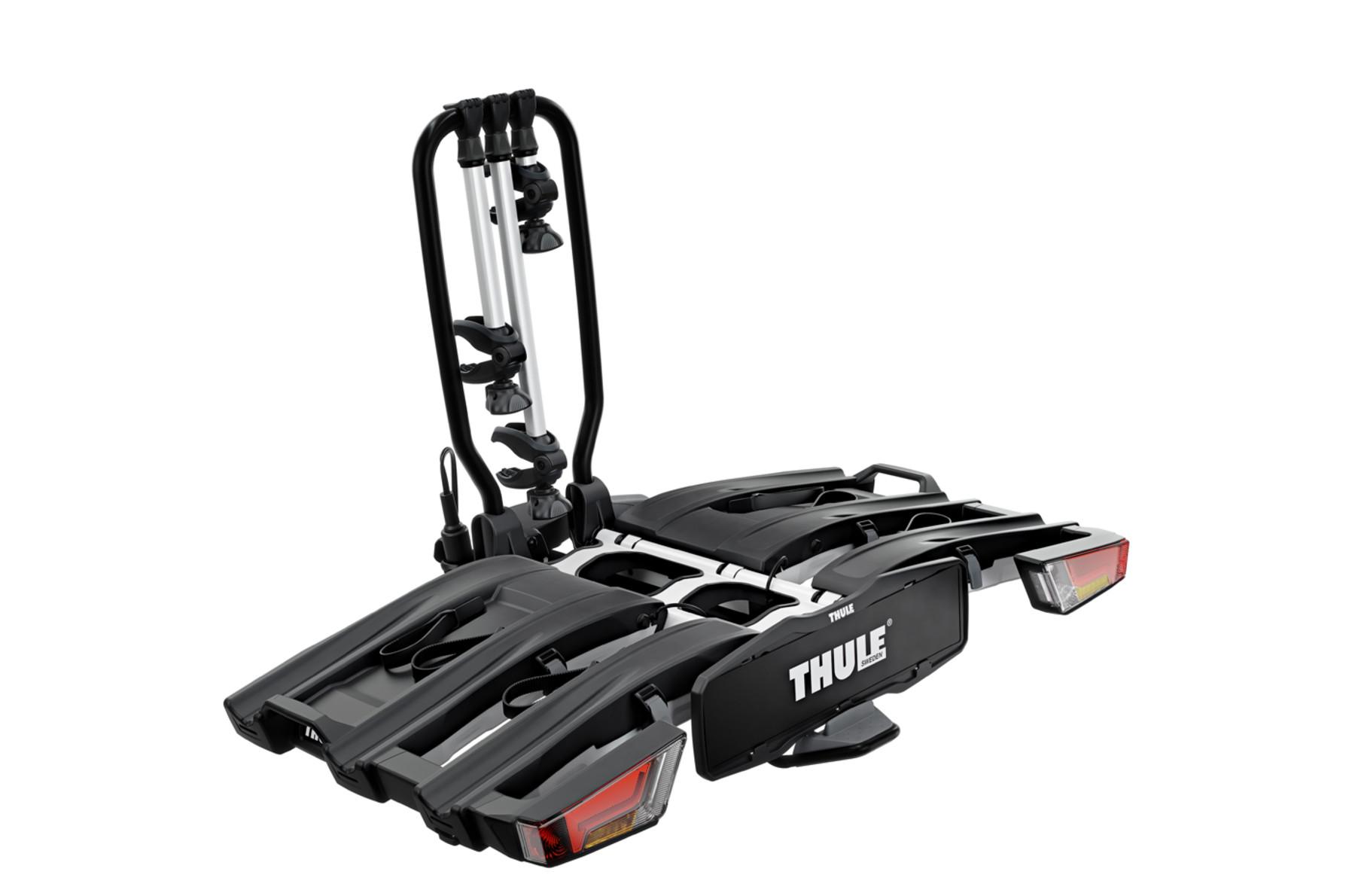 Suport pliabil pentru 3 biciclete Thule EasyFold XT, montare pe cârligul de remorcare, sistem electric cu 13 pini