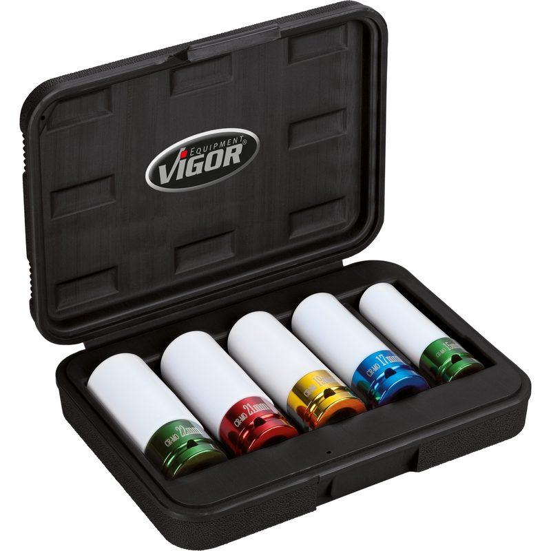 Set de 5 Chei Tubulare de Impact VIGOR V2257, Patrat 1/2 Inch, Dimensiuni 15-22 mm, Acoperite, pentru Jante din Aliaj