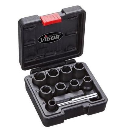 Set de 10 Chei Tubulare pentru Extracția Șuruburilor VIGOR V2404, Cu Antrenor de 1/2 Inch, în Cutie de Plastic