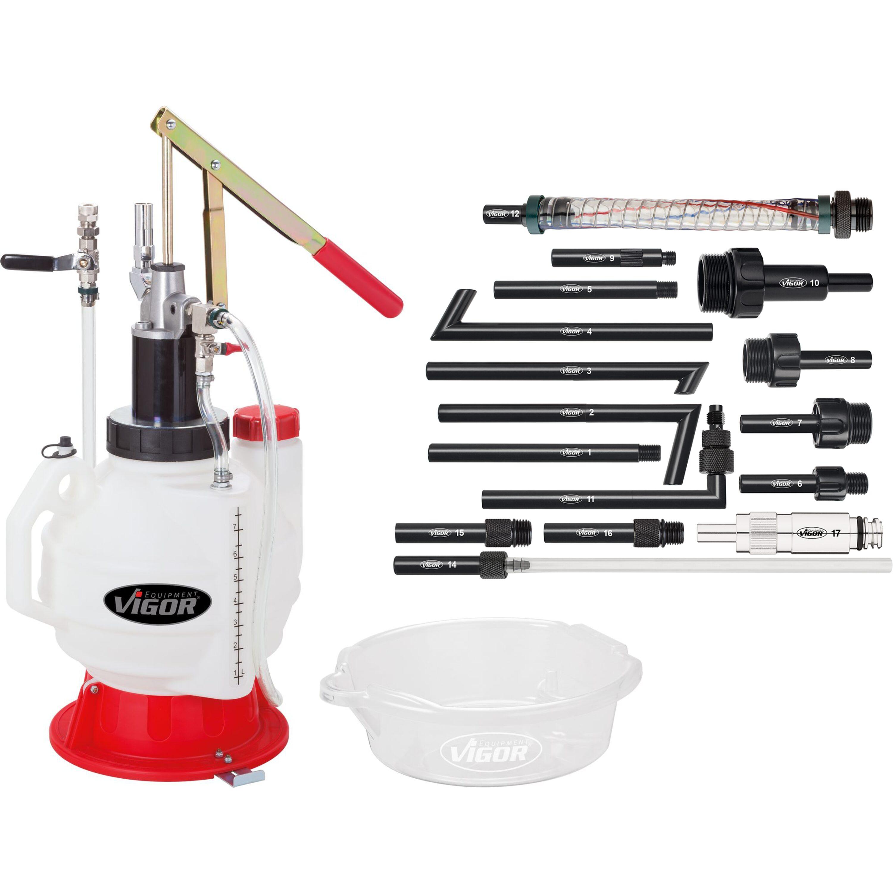Dispozitiv de umplere cu ulei VIGOR V4385N, capacitate de 7.5 litri, pentru cutii de viteze și diferențiale, include 18 accesorii