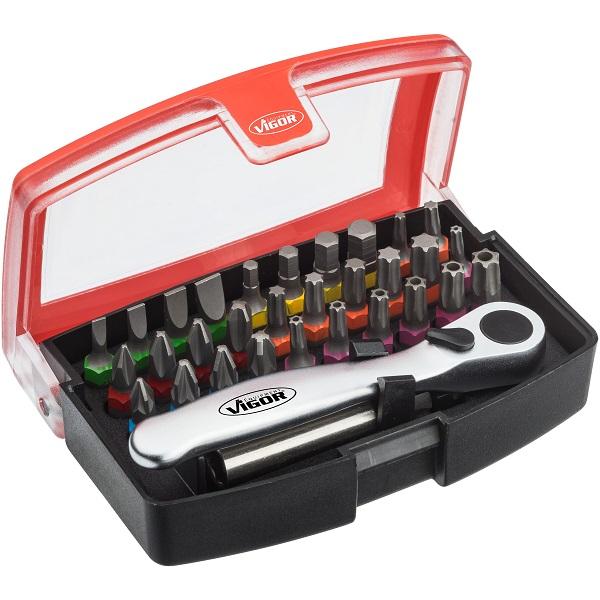 Set de 32 biți pentru înșurubare VIGOR V5502, cu cheie clichet și antrenor de 1/4 inch, profiluri Torx, Pozidriv, Philips, Hexagonal și Drept, cu cutie de depozitare