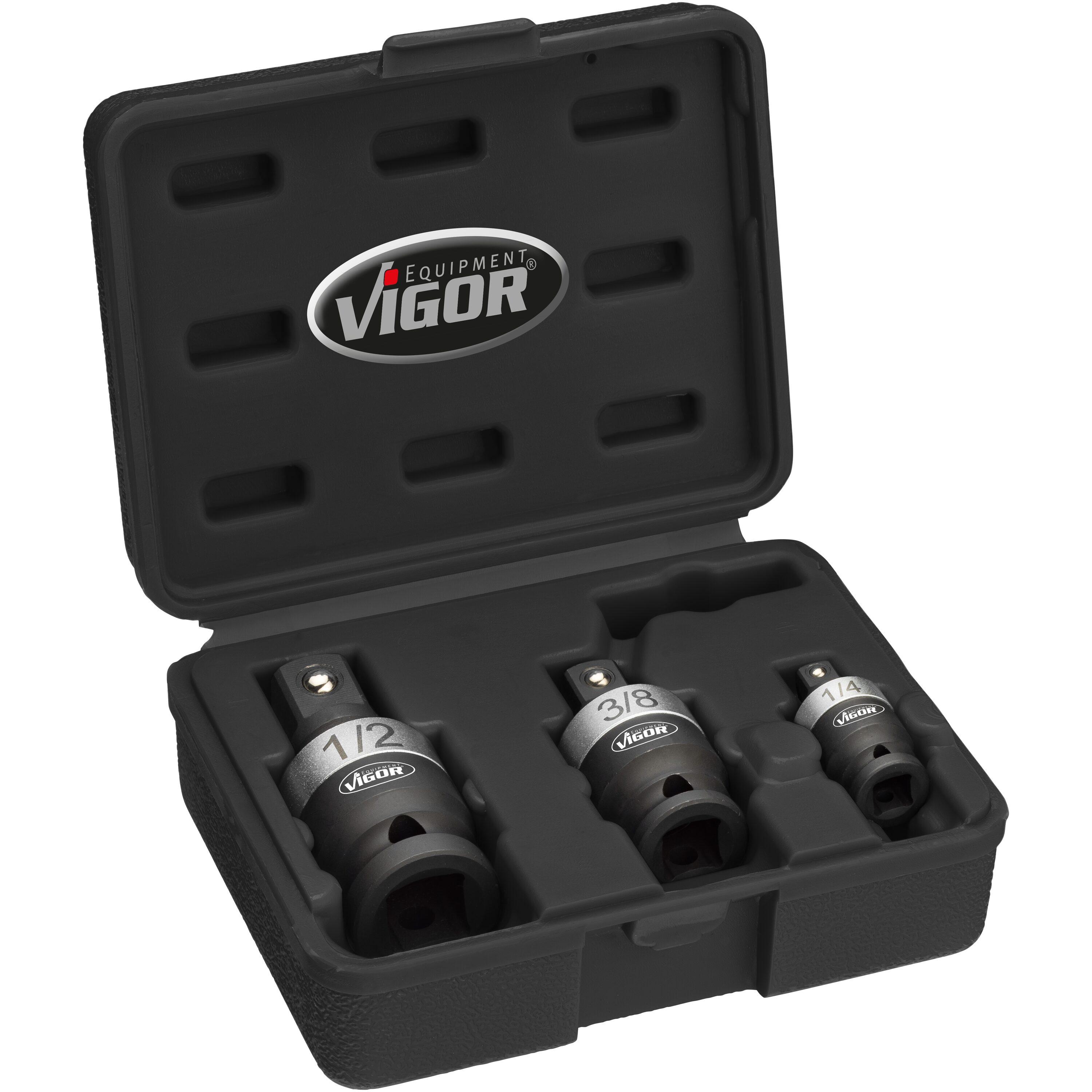 Set de 3 articulații pentru chei de impact VIGOR V5505, cu prindere pătrată de 1/4 inch, 3/8 inch și 1/2 inch