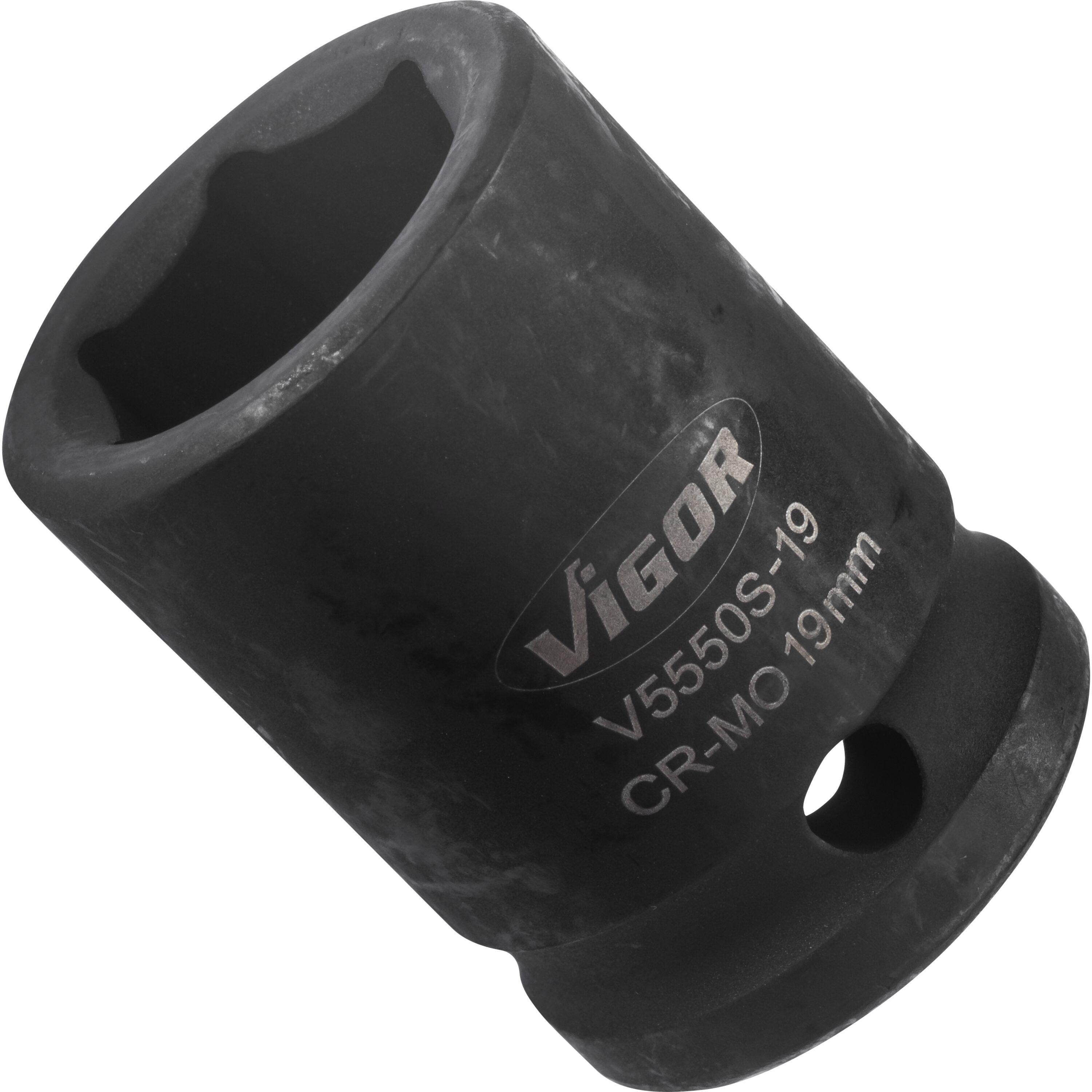 Cheie tubulară de impact scurtă VIGOR V5550S-19, antrenare pătrată de 1/2 inch, profil hexagonal, deschidere de 19 mm, finisaj fosfatat